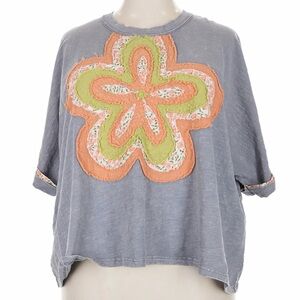 Easel Blue Top with Multicolor Floral Applique